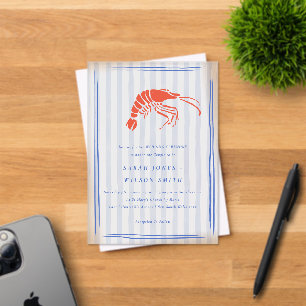 Invitaciones Acrílicas Boda Costera Langosta Roja Azul Rayada Retro