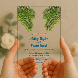 Invitaciones Acrílicas Boda costero de la Marina Tropical Palm Leaf Beach