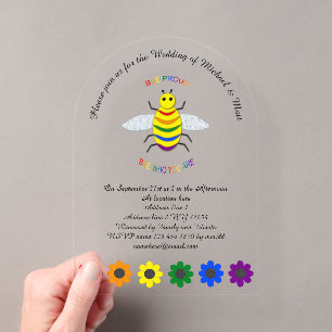 Invitaciones Acrílicas Boda de abeja y flores arcoíris orgullosa LGBT lin