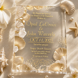 Invitaciones Acrílicas Boda de acrílico de perla y oro de lujo con concha