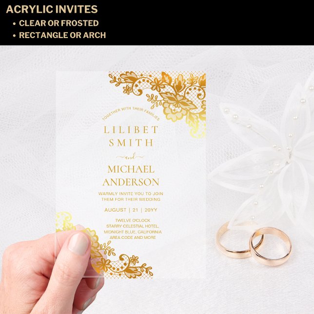 Invitaciones Acrílicas BODA de acrílico de PRESUPUESTO Lace de oro Filigr (Subido por el creador)