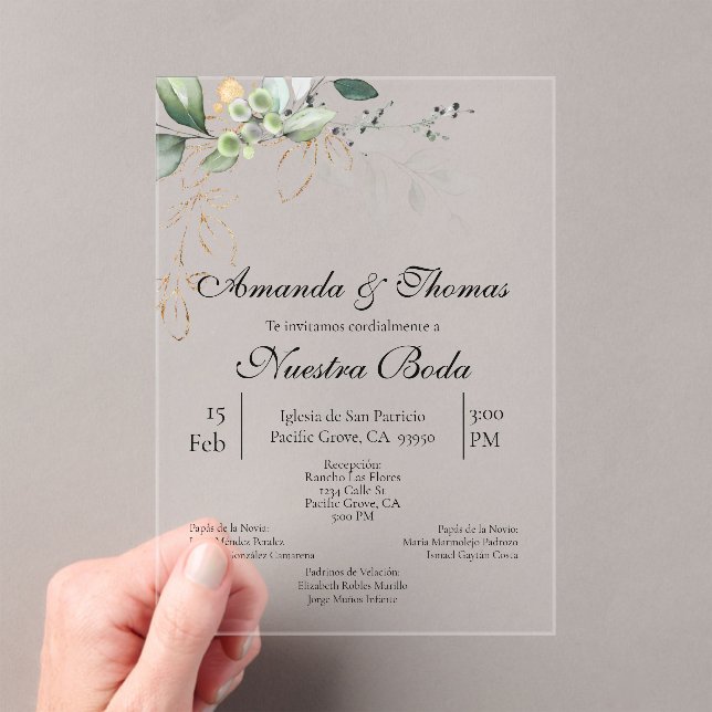 Invitaciones Acrílicas Boda de acrílico español con vegetación (Insitu (portátil))