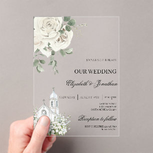 Invitaciones Acrílicas Boda de acrílico floral blanca con iglesia