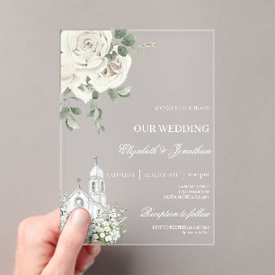 Invitaciones Acrílicas Boda de acrílico floral blanco con iglesia