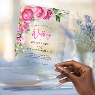 Invitaciones Acrílicas Boda de acrílico floral rosa caliente vibrante