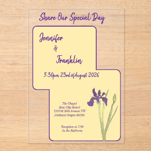 Invitaciones Acrílicas Boda de Acuarela Amarillo Mantequilla y Iris Púrpu