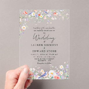 Invitaciones Acrílicas Boda de Acuarela con Flores Caprichosas y Pájaros 