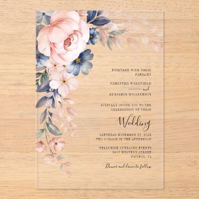Invitaciones Acrílicas Boda de acuarela de escritura floral rosa (Anverso)