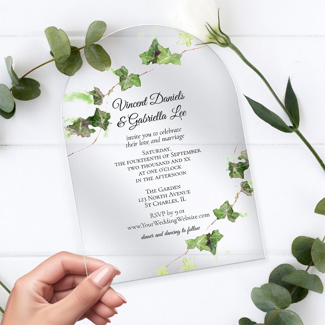 Invitaciones Acrílicas Boda de acuarela de marfil verde inglés (Subido por el creador)