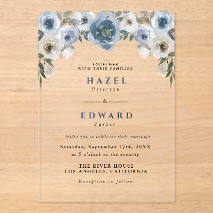 Invitaciones Acrílicas Boda de acuarela floral azul turbulento de Moda cl