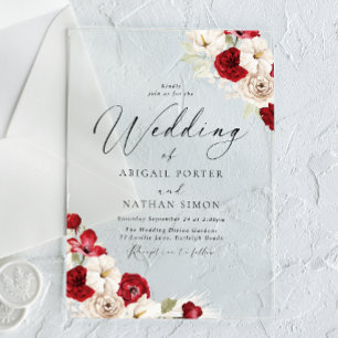 Invitaciones Acrílicas Boda de acuarela floral roja rubí y blanca