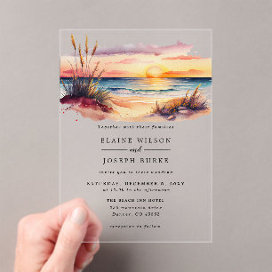 Invitaciones Acrílicas Boda de acuarela rústica Sunset Beach Seascape Bea