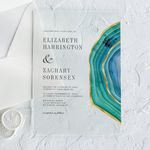 Invitaciones Acrílicas Boda de ágata aguamarina oro acuarela