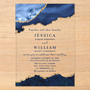 Invitaciones Acrílicas Boda de ágata de mármol azul marino dorado moderno