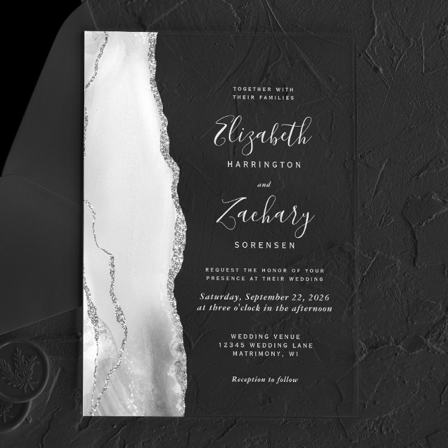 Invitaciones Acrílicas Boda de Ágata Gris Blanco Plateado (Subido por el creador)