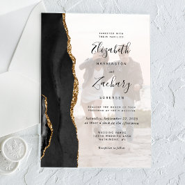Invitaciones Acrílicas Boda de ágata negra y oro con foto personalizada