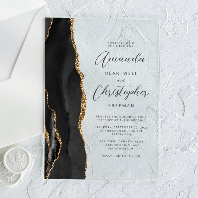 Invitaciones Acrílicas Boda de Agata Negro Dorado Script (Subido por el creador)
