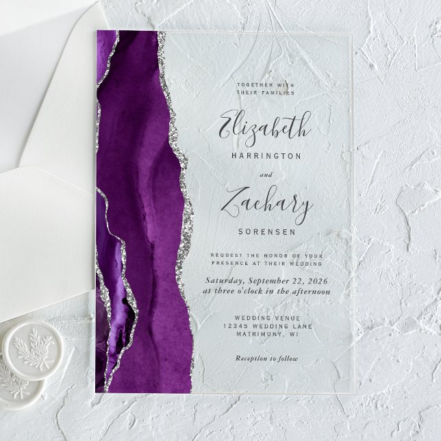 Invitaciones Acrílicas Boda de Ágata Plateada Púrpura Moderna (Subido por el creador)