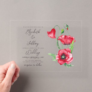 Invitaciones Acrílicas Boda de amapola roja con guión de acuarela elegant