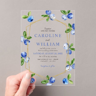 Invitaciones Acrílicas Boda de arándanos en acuarela elegante azul