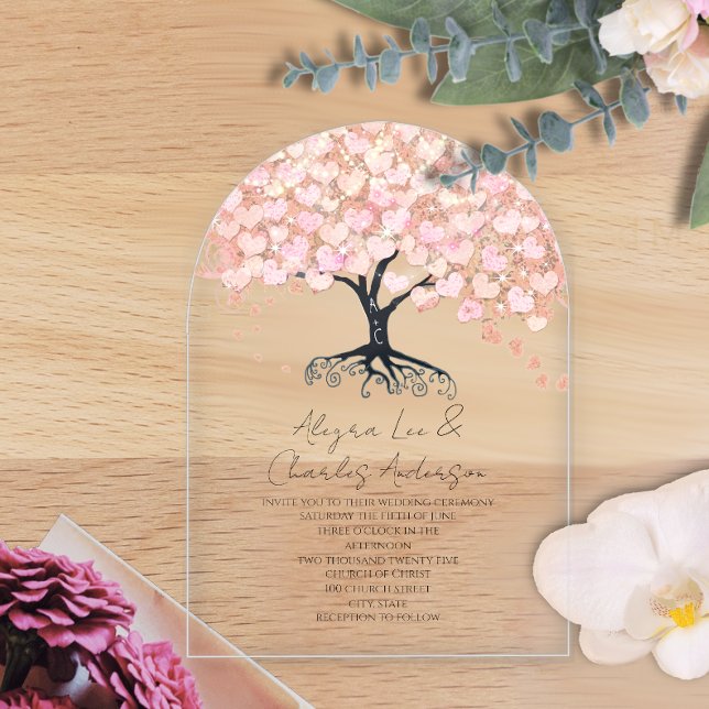 Invitaciones Acrílicas Boda de árbol de hoja de corazón rosado encantado (Subido por el creador)