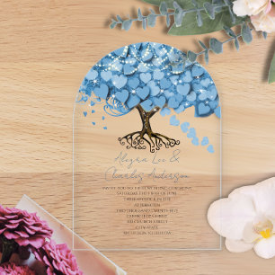 Invitaciones Acrílicas Boda de árbol de hojas de corazón azul encantado