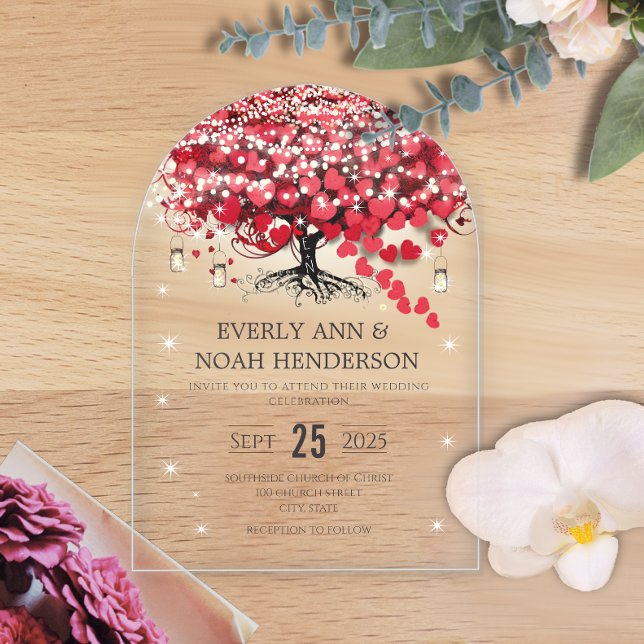 Invitaciones Acrílicas Boda de árbol de hojas de corazón rojo encantado (Subido por el creador)