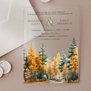 Invitaciones Acrílicas Boda de árboles de pino otoñal rústico