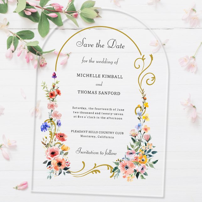 Invitaciones Acrílicas Boda de Arco de Flores Silvestres Salva la Fecha (Subido por el creador)