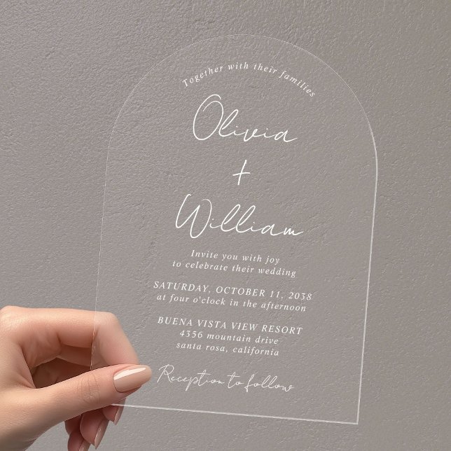 Invitaciones Acrílicas Boda de arco de guiones blancos de moda (Make your wedding day unforgettable with stunning arch acrylic invitations—modern, elegant, unique!)