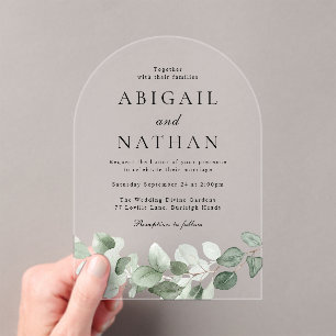 Invitaciones Acrílicas Boda de arco de hojas verdes modernas