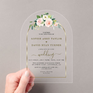 Invitaciones Acrílicas Boda de Arco de Oro de Flores Blancas Rosa