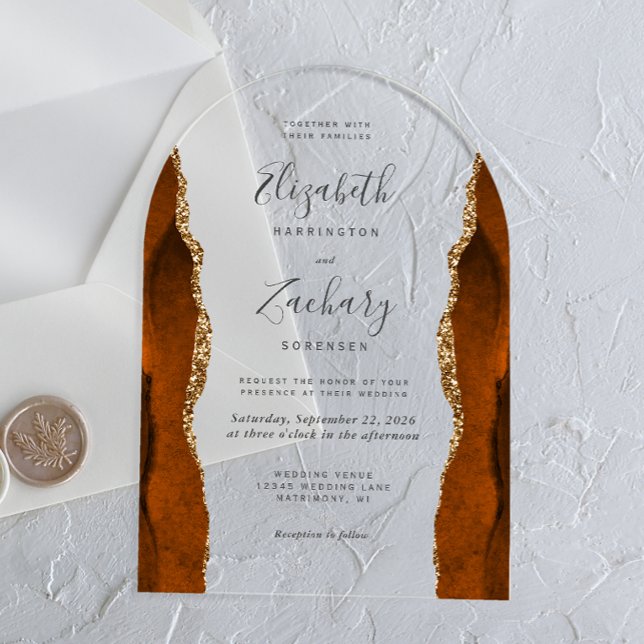 Invitaciones Acrílicas Boda de arco de oro Naranja quemado moderno (Subido por el creador)