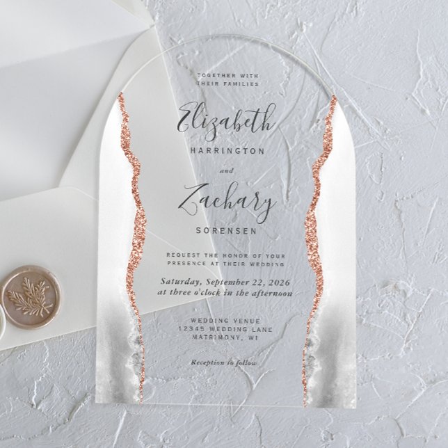 Invitaciones Acrílicas Boda de arco de oro rosa blanco gris moderno (Subido por el creador)