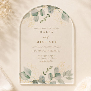 Invitaciones Acrílicas Boda de Arco Elegante Eucalipto Verde y Dorado