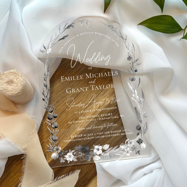 Invitaciones Acrílicas Boda de Arco Elegante Floral Rústico Boho (Classy elegant simple black and white watercolor floral script arch acrylic wedding invitation)