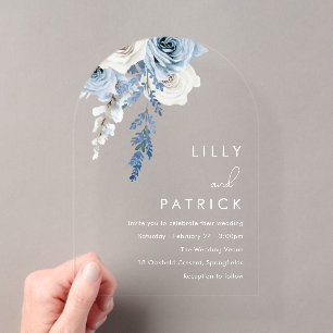 Invitaciones Acrílicas Boda de arco floral boho azul polvoriento