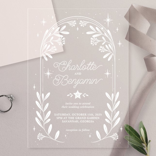 Invitaciones Acrílicas Boda de Arco Floral Celestial Blanco y Estrellado (Subido por el creador)