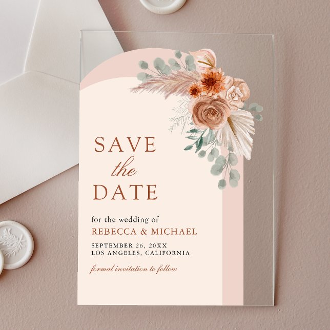 Invitaciones Acrílicas Boda de Arco Floral de Terracota Guardar la fecha (Subido por el creador)