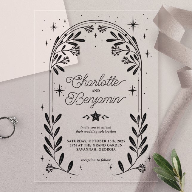 Invitaciones Acrílicas Boda de arco floral estelar celeste negro (Subido por el creador)