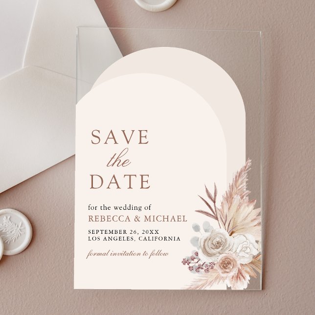 Invitaciones Acrílicas Boda de Arco Floral Neutra Pampas Salven la Fecha (Subido por el creador)