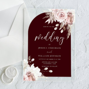 Invitaciones Acrílicas Boda de Arco Floral Rosa Fucsia Burgundy Profundo
