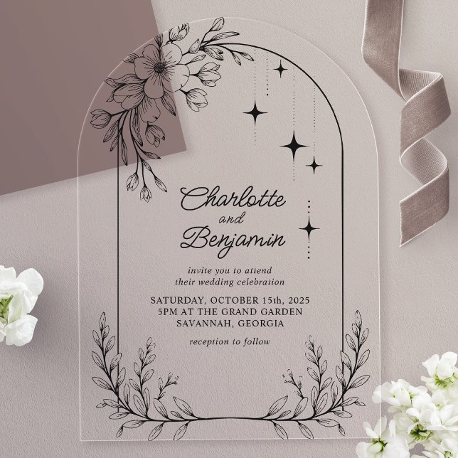 Invitaciones Acrílicas Boda de Arco Moderno Estrella floral negra (Subido por el creador)