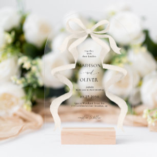 Invitaciones Acrílicas Boda de arco monograma de marfil beige beow modern