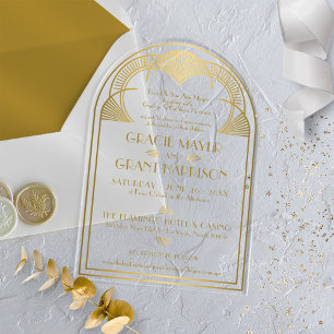 Invitaciones Acrílicas Boda de Arco Retro Único de Oro Art Deco Vintage