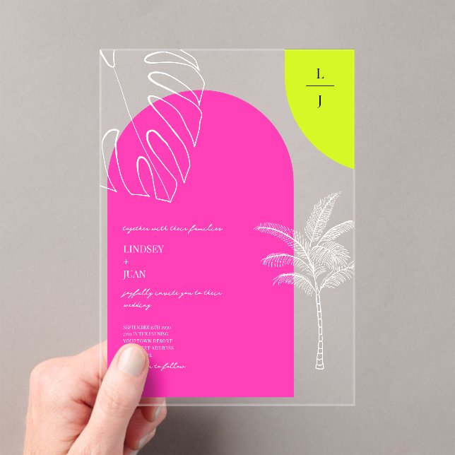 Invitaciones Acrílicas Boda de arcos de monograma de neón tropical (Insitu (portátil))