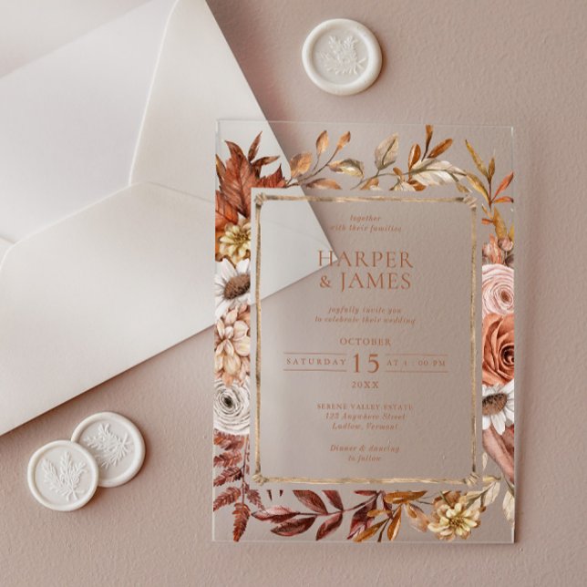 Invitaciones Acrílicas Boda de armazón floral de otoño de acuarela rústic (Rustic Watercolor Autumn Floral Frame Wedding Acrylic Invitations)