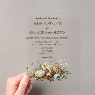 Invitaciones Acrílicas Boda de arreglo floral vintage de papel antiguo bo