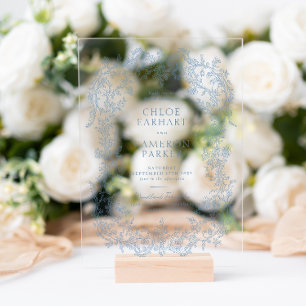 Invitaciones Acrílicas Boda de arte de línea barroca azul victoriana vint