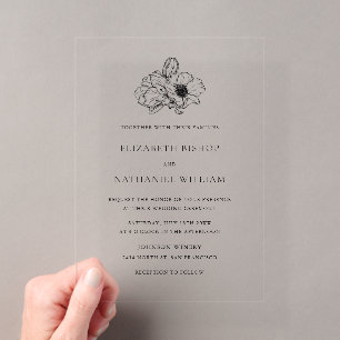 Invitaciones Acrílicas Boda de arte de línea de Anémona minimalista negra